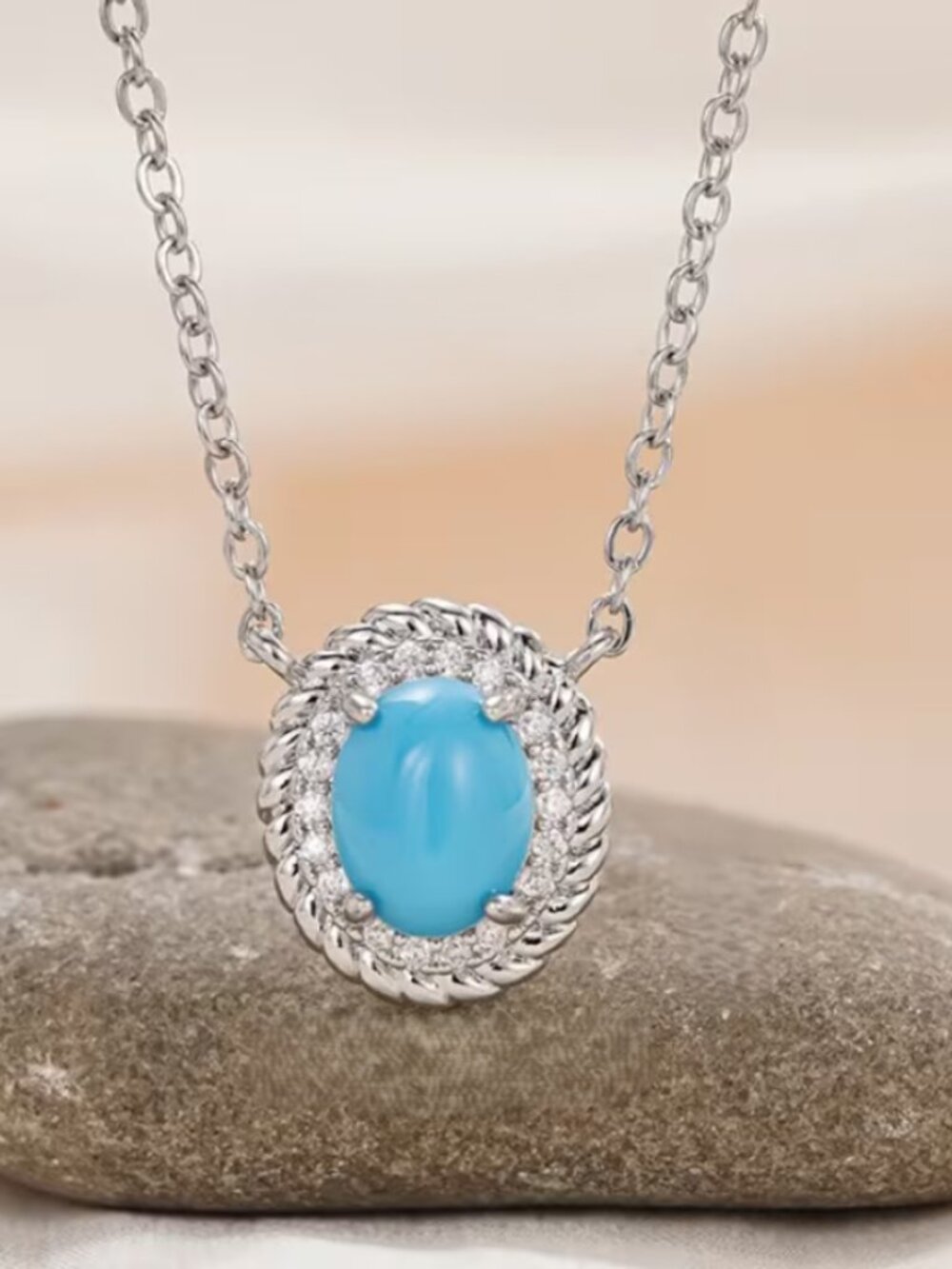 14K White Gold Womens Oval Turquoise Pendant Necklace Ladies 14 K Silver Jewelry